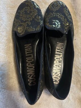 Cosmopolitan Black and Gold Floral Slip-On Flats